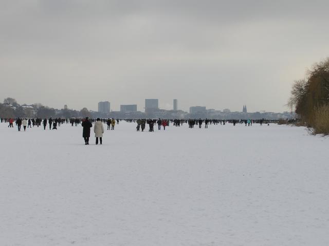 Alster, Hamburg, see, ice, winter, skyline